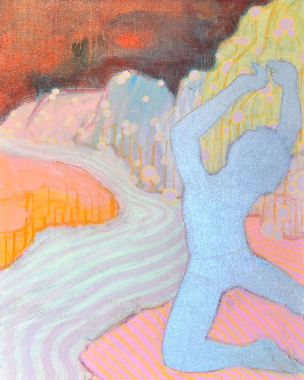 Thumbnail: A colourful abstract male figurative landscape in pink, orange, blue and red. Queer and celebratory..