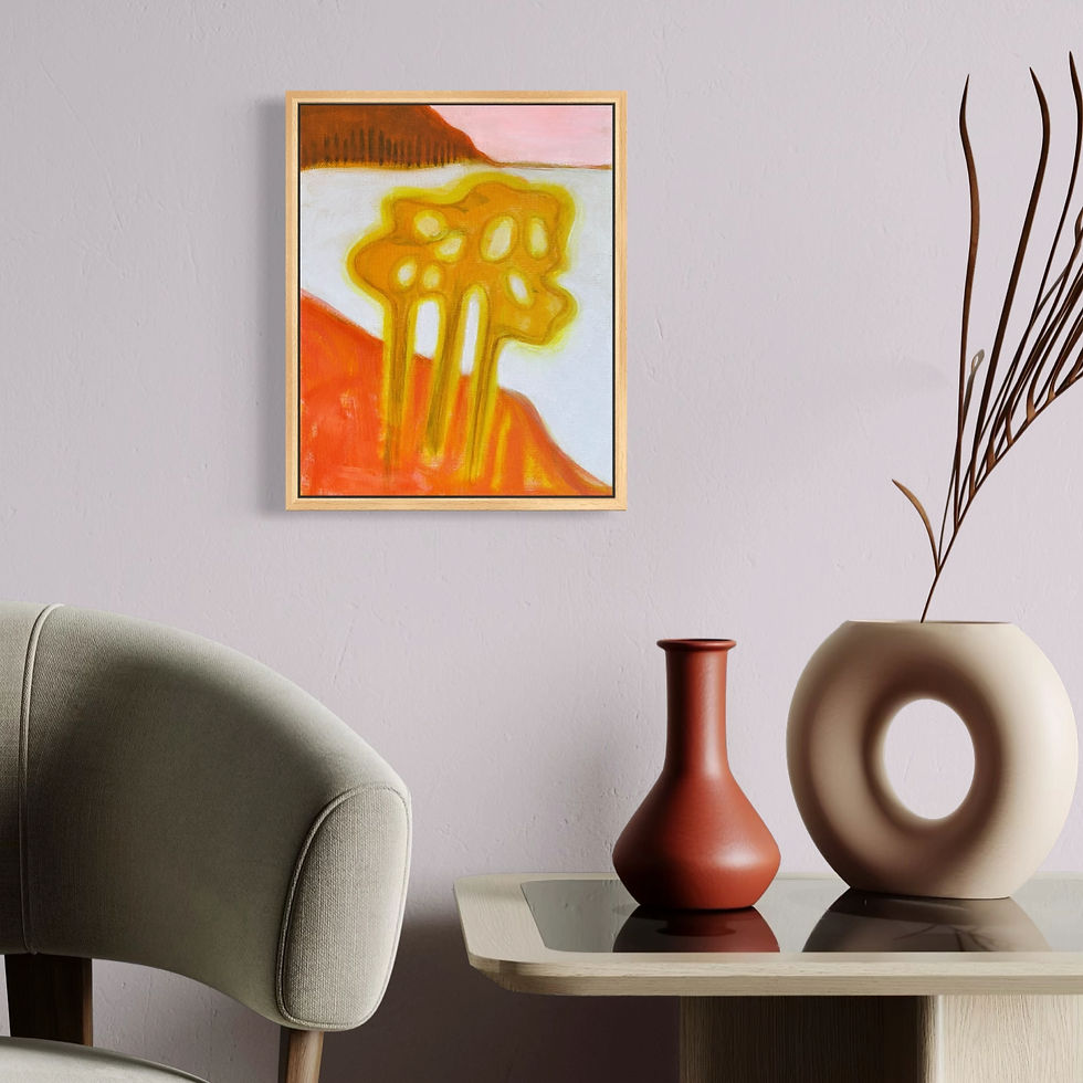 An abstract painting of a lakeside landscape by Mark Jackson called Huddle and Glow in orange, yellow, white and pink