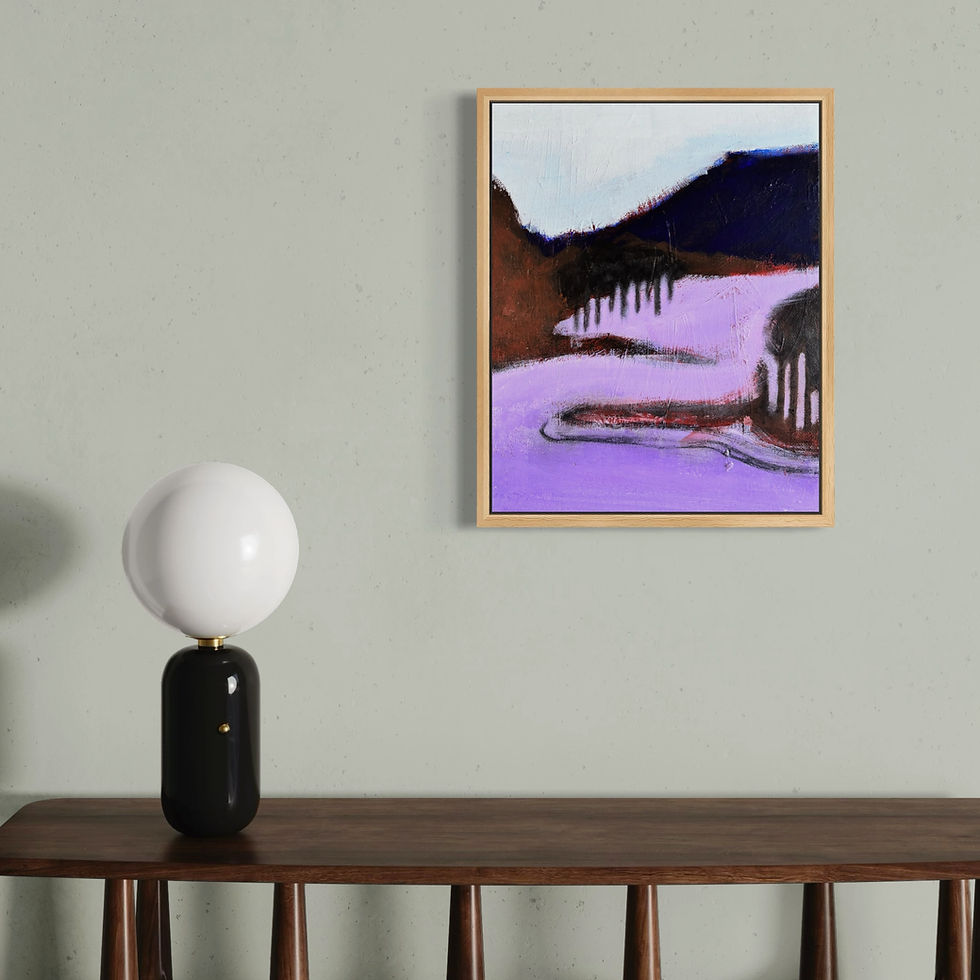 Abstract painting of winter landscape by Mark Jackson in purple, blue, white and brown.