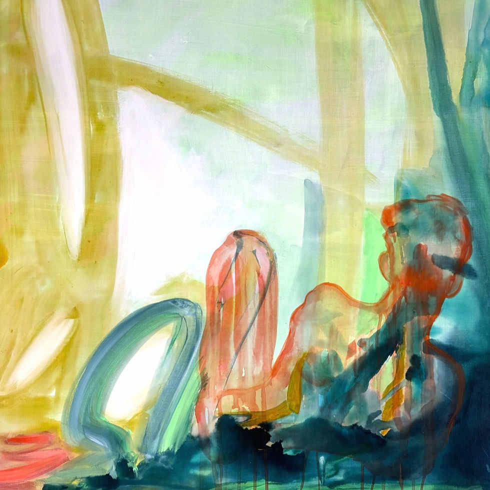 Thumbnail: A magical abstract figurative landscape painting by Mark Jackson called Demetrius Left Behind in yellow, green, and pink