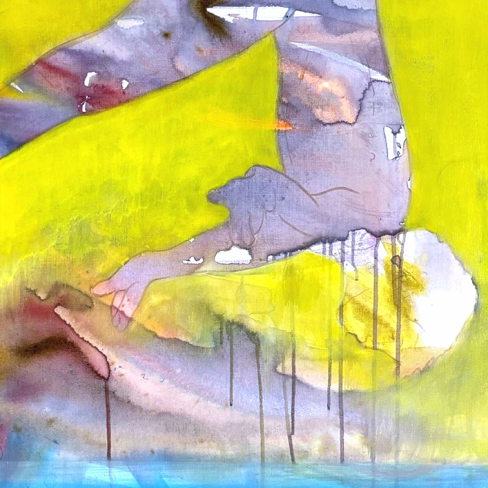 Thumbnail: A joyful abstract figurative painting by Mark Jackson called Max Takes The Plunge in blue, yellow, purple and white