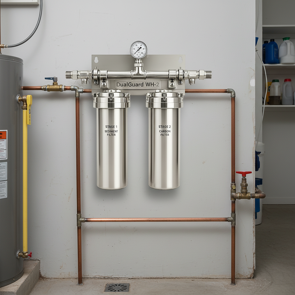 A polished, realistic product image for a website featuring a two-stage whole-house water