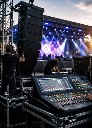 Concert audio mixing and live event production setup with LED screen
