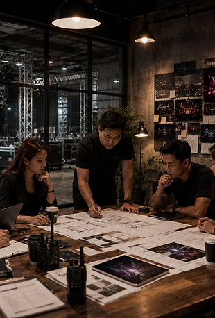 Professional event planning and production team meeting