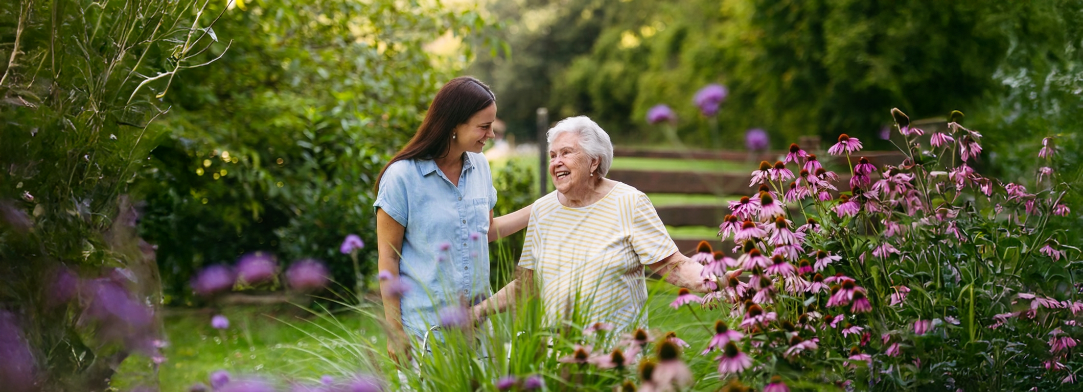 Carer walking outdoors with an older woman in a garden