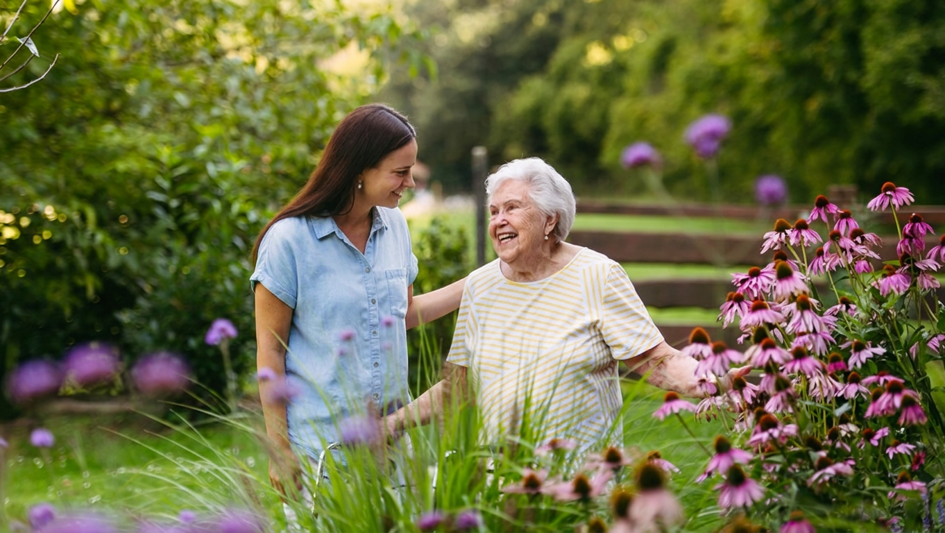 Carer walking outdoors with an older woman in a garden