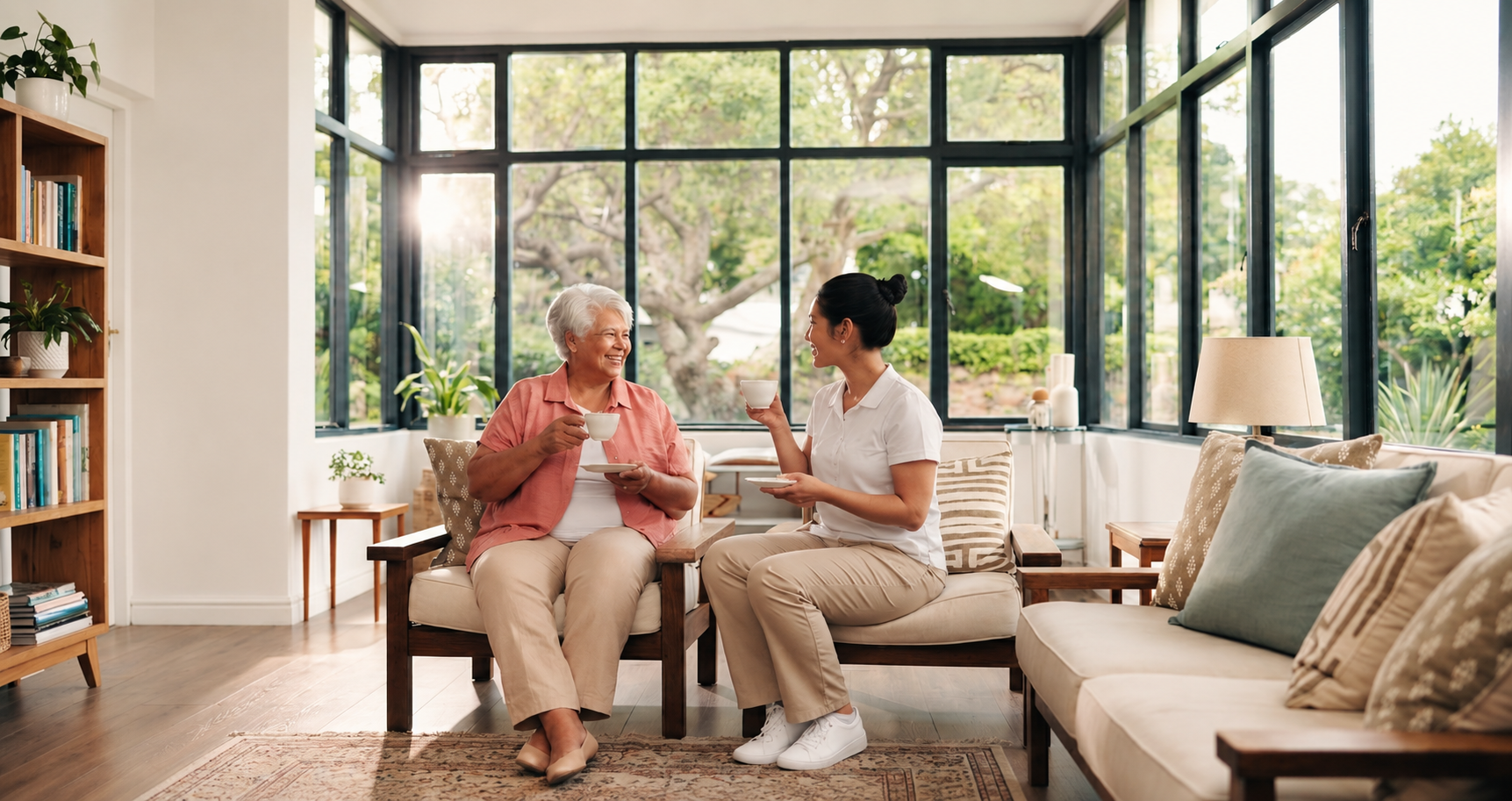 Carer talking with an older woman in a bright living room