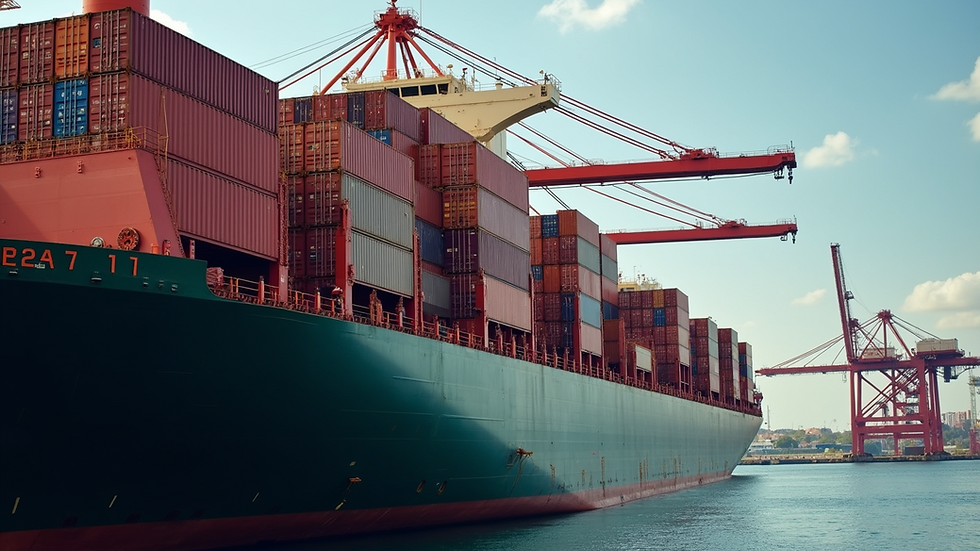 Eye-level view of a cargo ship docked at a busy port with stacked containers