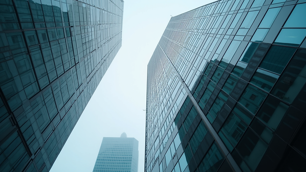 High angle view of a modern office building with reflective glass windows