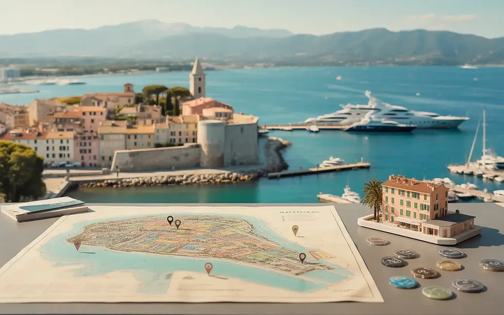 Vue drone photoréaliste d’Antibes Côte d’Azur au coucher du soleil : vieille ville et remparts, port Vauban avec yachts, Méditerranée bleu azur et montagnes brumeuses, avec plan de ville coloré et objets d’estimation (maison miniature, jetons, barres) évoquant le prix immobilier Antibes.