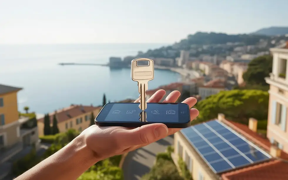 Vignette photo-réaliste immobilier Alpes-Maritimes : main tenant une clé moderne et un smartphone flou, avec panorama Côte d’Azur (Nice/Cannes/Antibes), mer Méditerranée, villas contemporaines, panneaux solaires discrets et lumière dorée.
