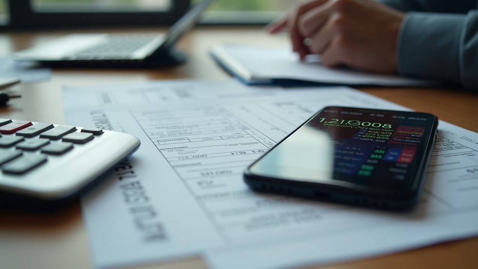 Eye-level view of a desk with a calculator, tax forms, and a smartphone displaying cryptocurrency data