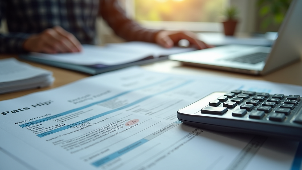 Eye-level view of a desk with tax forms, a calculator, and a cryptocurrency hardware wallet
