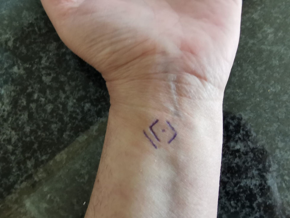 Nahaufnahme eines Handgelenks, auf dessen Innenseite das energetische Kupfer-Symbol gemalt ist.