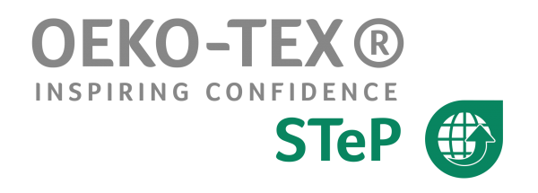Oeko-Tex Step, inspiring confidence trademarked logo in in grey and green 