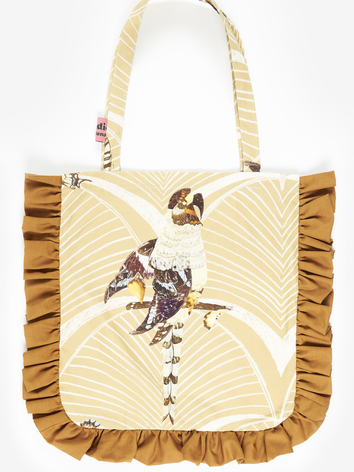 Ruffle Trim Tote Bag with Placement Bird Print.