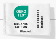 Oeko-Tex organic cotton trademarked logo on a satin type label in the green and black text. 