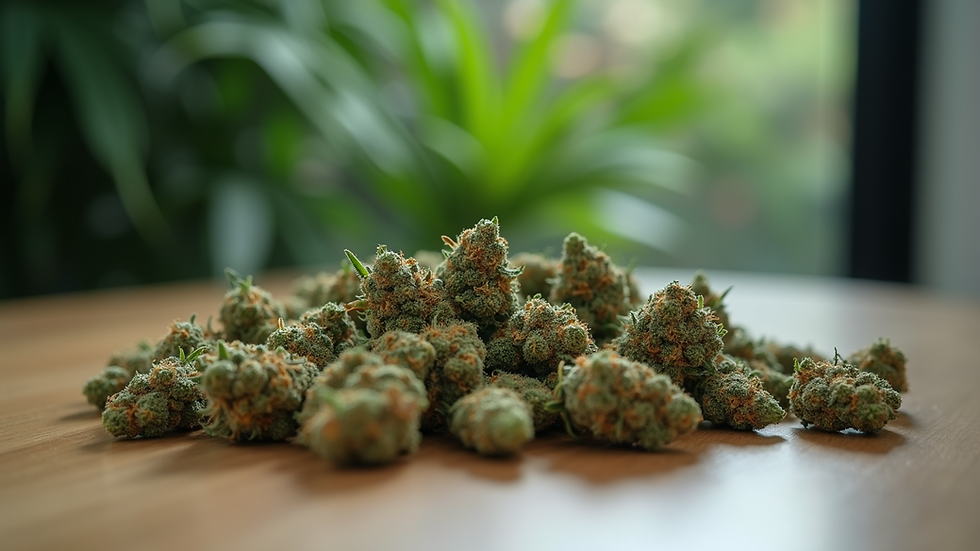 Eye-level view of cannabis flowers on a table