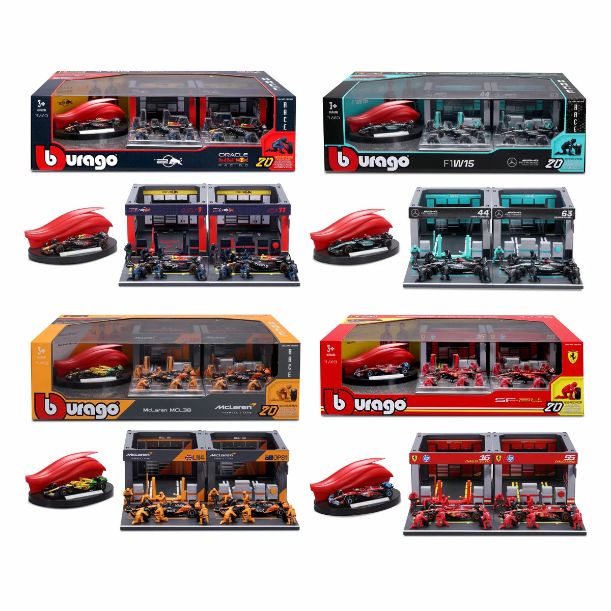 Bburago 1:43 Deluxe Formula 1 Paddock Set – Ferrari, Mercedes, RedBull, McLaren