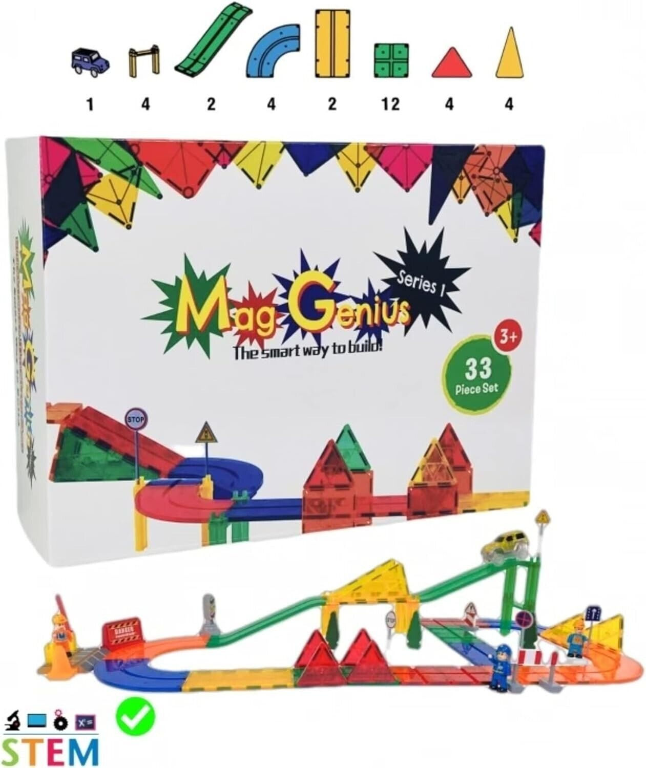 Mag-Genius Magnetic Building Block Tiles 33 Pc 3D Race Car Track Set