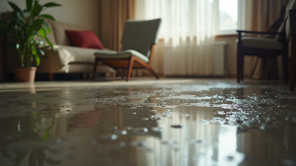 Eye-level view of a flooded living room with water damage