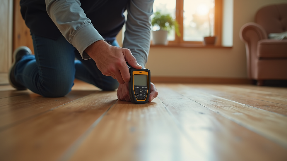 Close-up view of an inspector using a moisture meter on a wooden floor