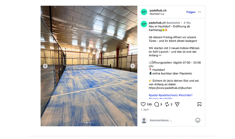 Screenshot Instagramm PadelHub mit Innenansicht der Padelhalle.