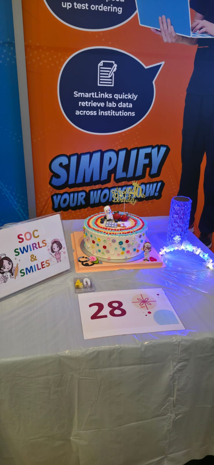 Emcee Singapore - Celebrating a decade of SOC Swirls & Smiles (NUH) with a colorful birthday cake adorned with vibrant decorations, set against a backdrop promoting streamlined workflow solutions.
