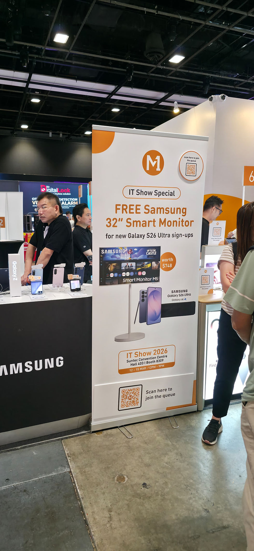 Emcee - One of the promotion by M1 at the IT Show 2026 at the Suntec Convention Centre. A special promotion offers a free Samsung 32" Smart Monitor with new Galaxy S26 Ultra sign-ups.