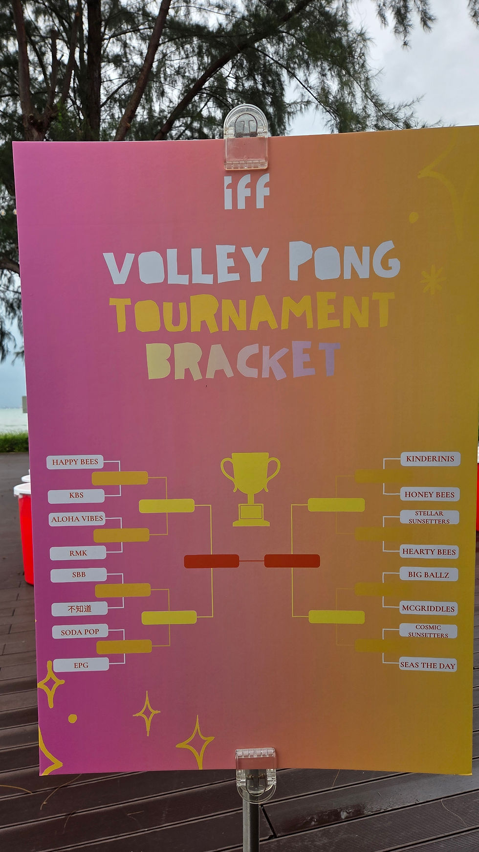 Emcee - The tournament bracket for the IFF Volley Pong event displayed in Stella Beach Lounge, showcasing team matchups.