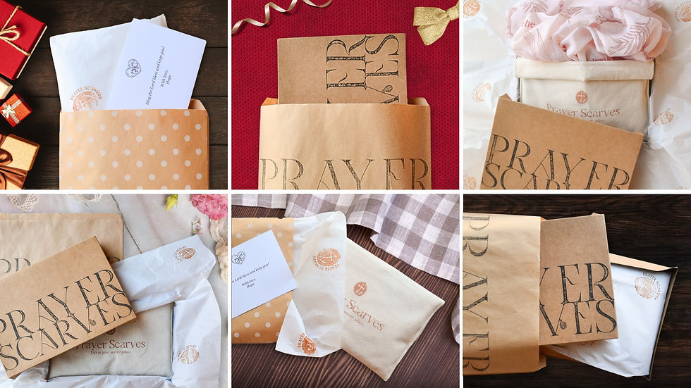 A collage of premium greeting cards and gift wrap options, including greeting cards, gift scarves beautifully boxed and tucked in decorative kraft bags, tied with artisan twine.