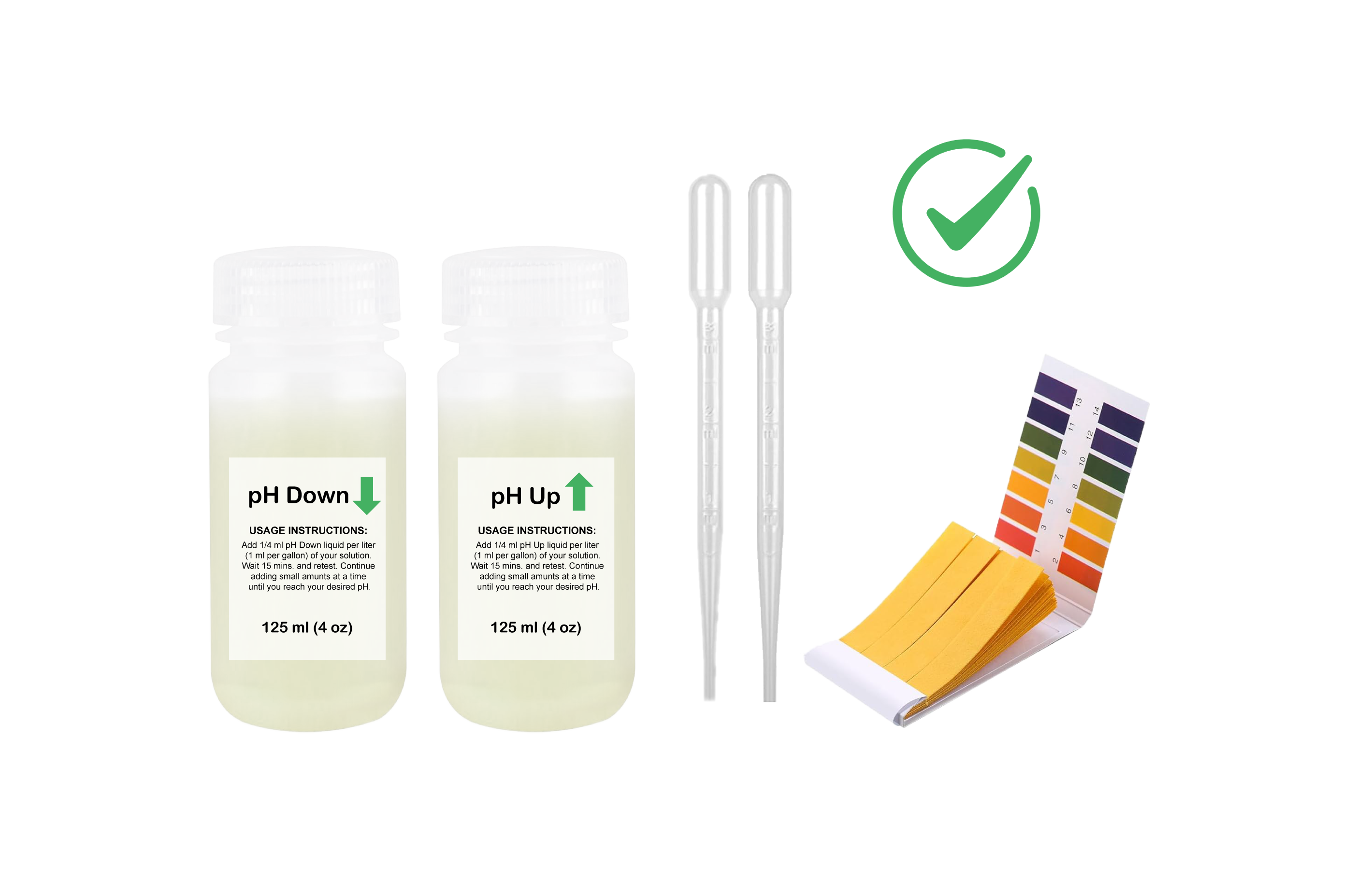 pH Management Kit includes 125 ml of pH Up and 125 ml pH Down liquids, 2 pipettes, and a booklet with 80 test strips