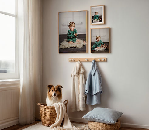 Child's photos displayed on wall, dog in basket