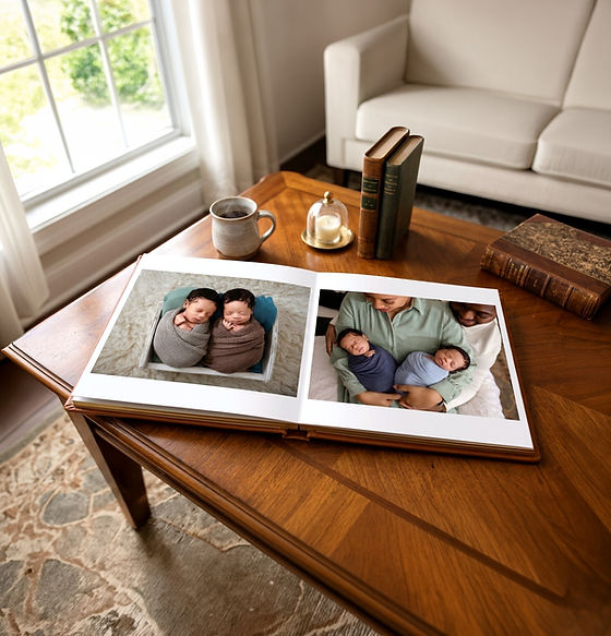 Fine art heirloom photo album with newborn photos