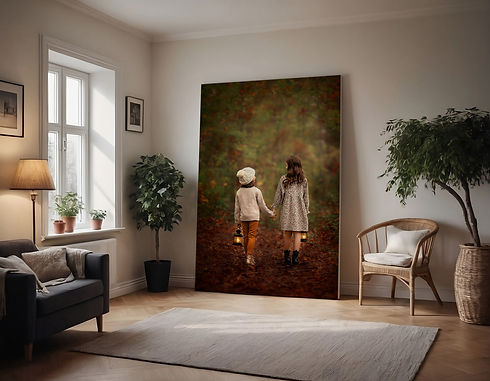 Two girls holding lanterns walk in autumn woods