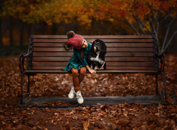 Atlanta, GA photography session of a little girl sits on a bench, petting her small black puppy while looking at it in a fine art portrait that radiates warmth and companionship.