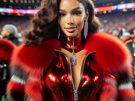 Brittany Mahomes Stuns in Bold Red Latex and Luxe Fur Ensemble at the 2024 Super Bowl