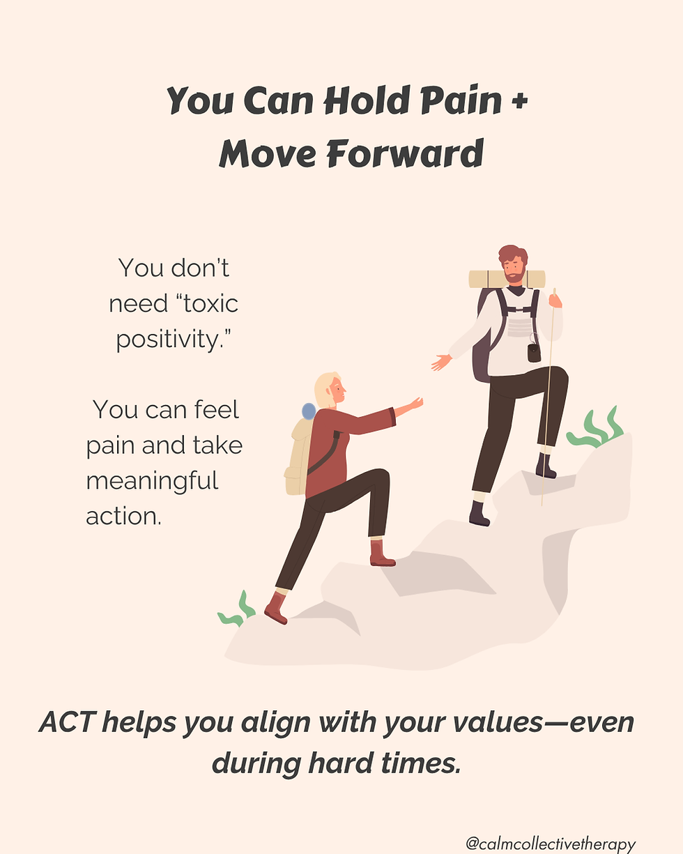 Illustration of two hikers helping each other climb a mountain, symbolizing how ACT therapy helps people hold pain and move forward with their values.