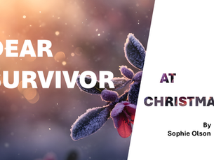 Frost-covered pink flowers with green leaves against a glowing sunset background, creating a serene and frosty winter scene. Text reads Dear survivor at Christmas