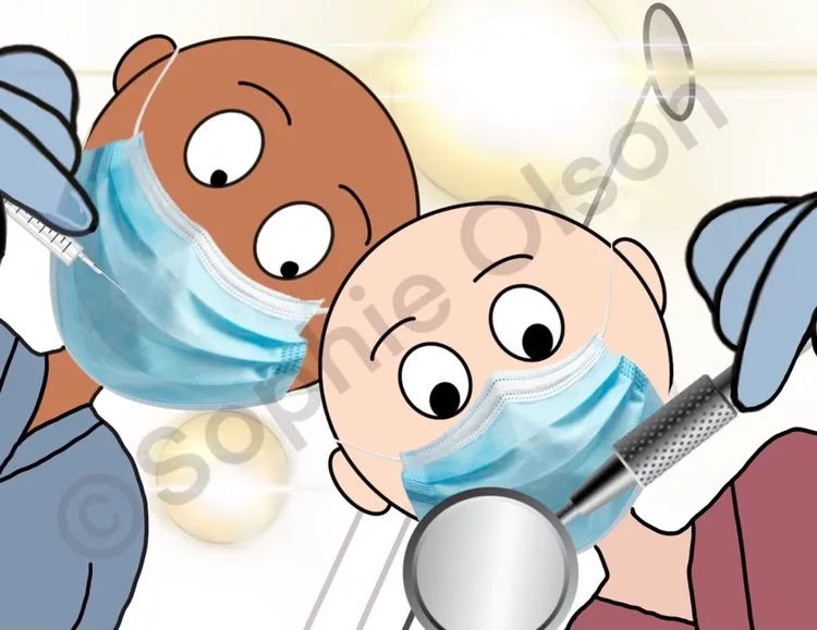 Cartoon dentists from the patient's point of view. One hold a syringe. the other holds an implement.