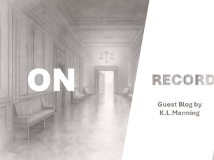 A long, empty hallway with benches and open doors in a grayscale setting. Soft lighting creates a calm and serene atmosphere. Text reads On Record guest blog by K.L.Manning