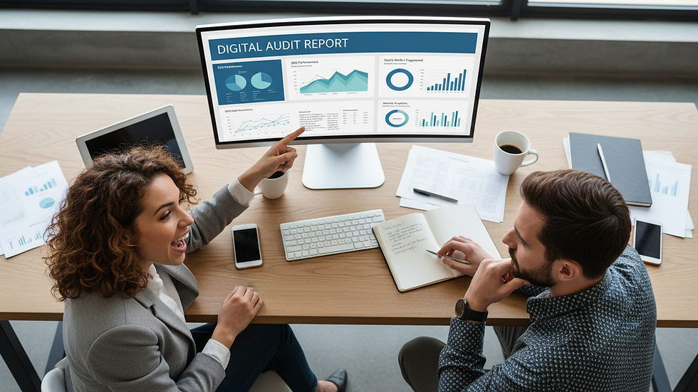 Vue en plongée d’un bureau avec un ordinateur affichant un rapport d’audit digital