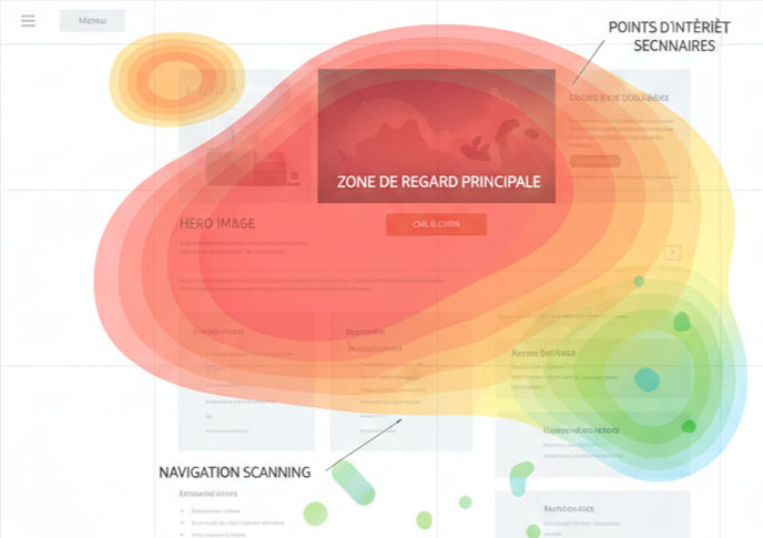 Visuel type maquette de page avec zones “regard” (heatmap stylisée)