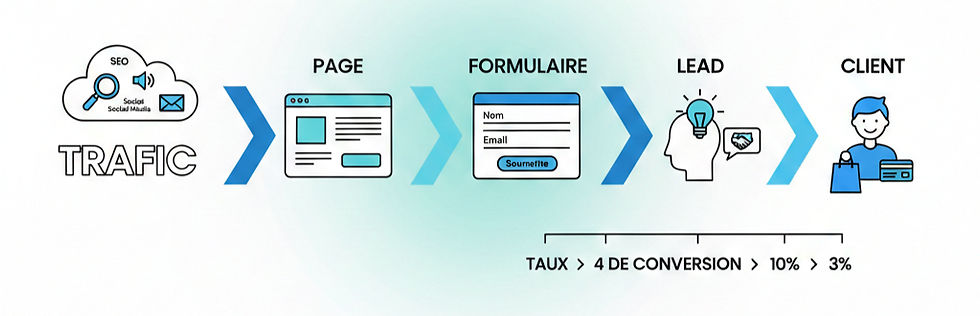 Illustration d’un tunnel de conversion montrant le parcours d’un visiteur jusqu’à la prise de contact