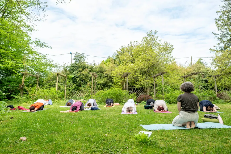 Photographe professionnel de bien-être capturant une séance de yoga collectif au sol.