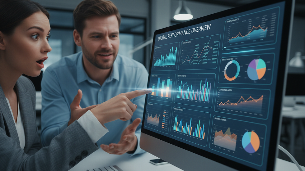 Vue rapprochée d’un écran d’ordinateur affichant des graphiques de performance digitale grace à un audit digital stratégique