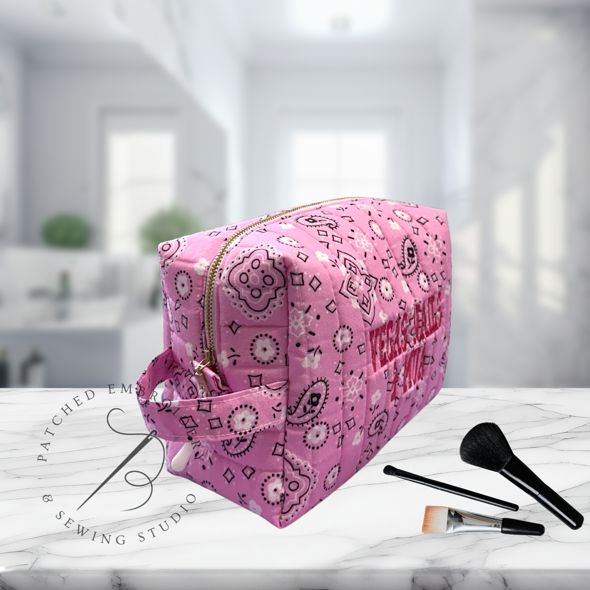 Personalized Quilted Bandana Makeup Bag | Custom Embroidered Boxy Bag