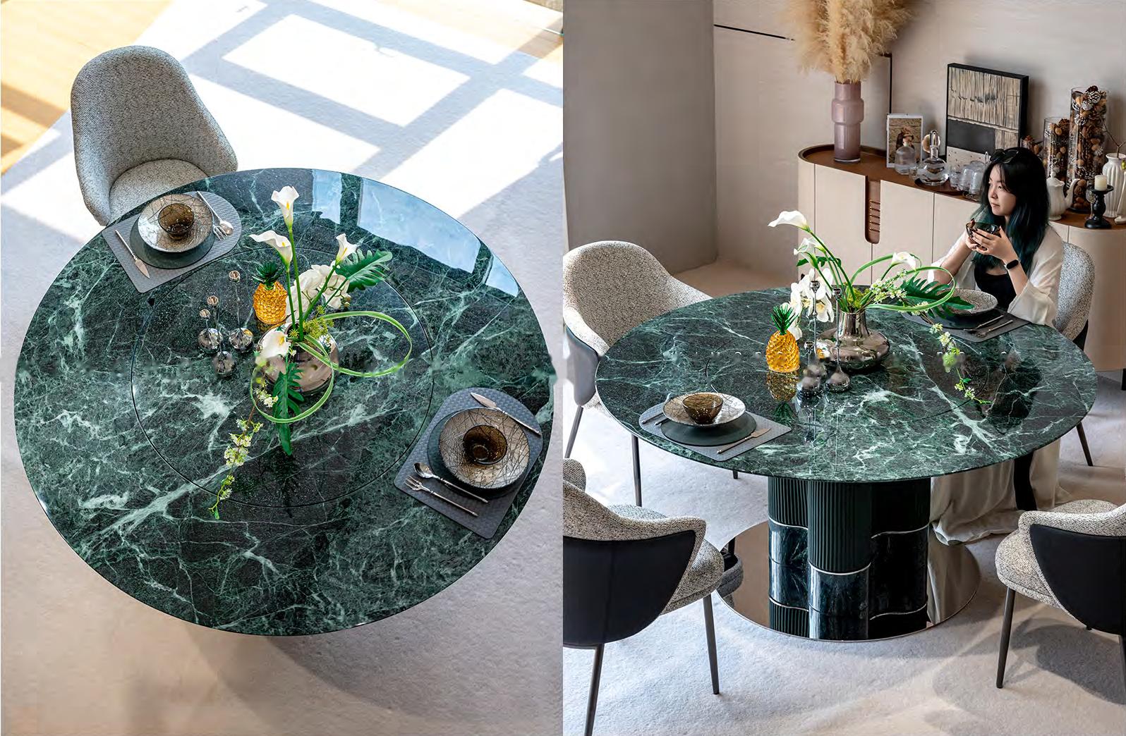 Iridato Verde Alpi dining table, catalogue page 78