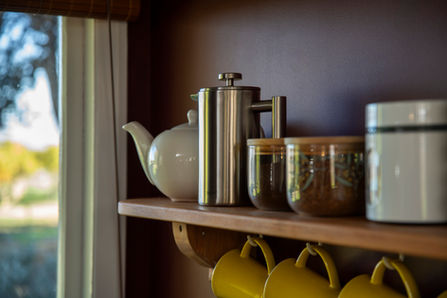 Tea pot and coffee plunger in The Stables cottage at St Leonards Vineyard Cottages boutique accommodation in Marlborough, New Zealand