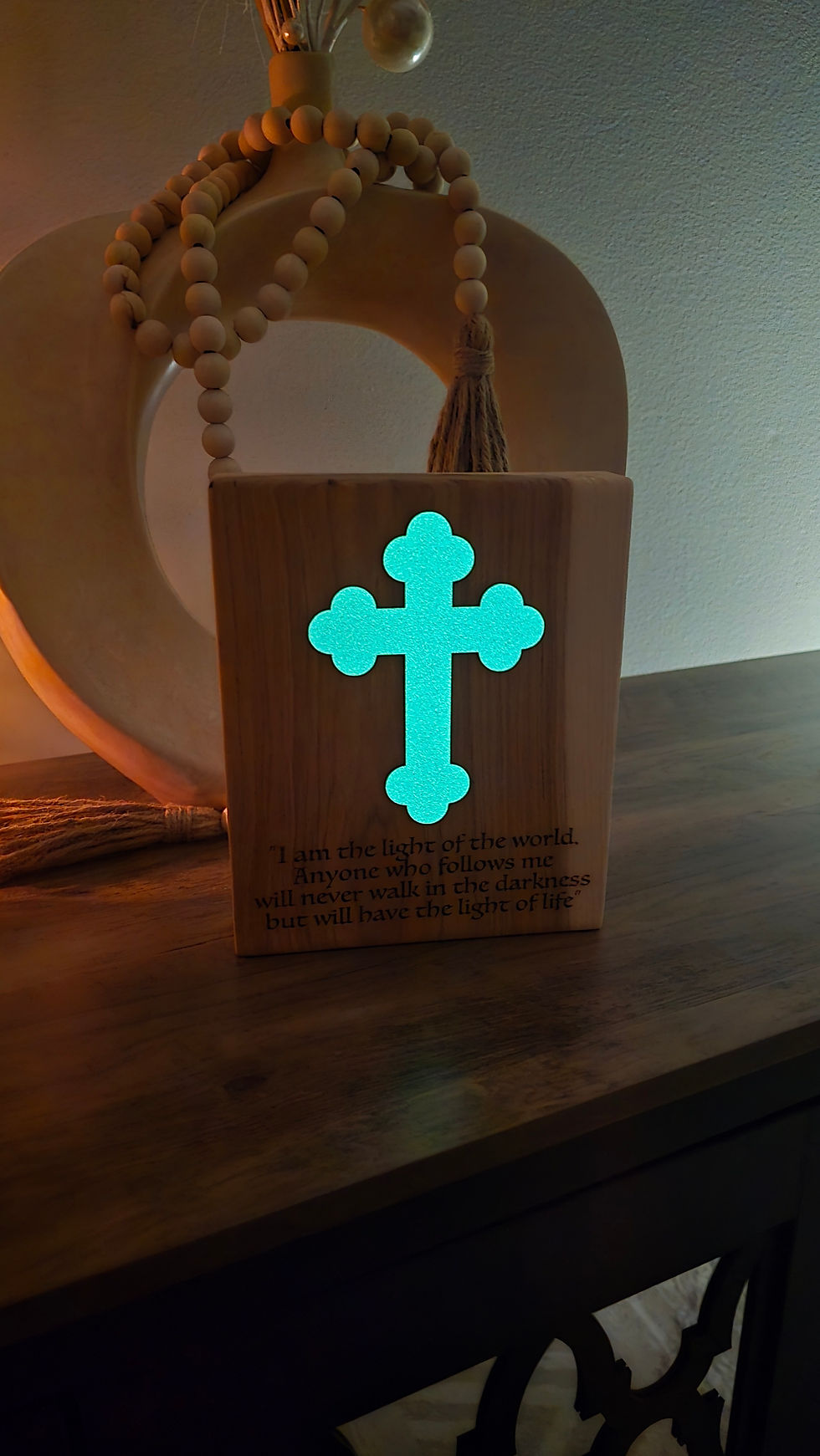 Thumbnail: Handcrafted Hickory Scripture Block – Glow in the Dark Cross – Christian Home De